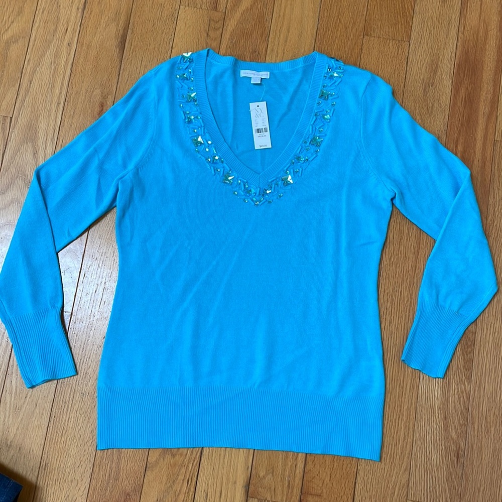 New York & Company, lightweight, v-neck jeweled sweater